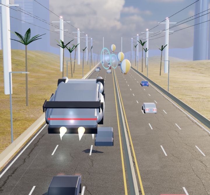 Flight gameplay: the car flying between power lines over traffic