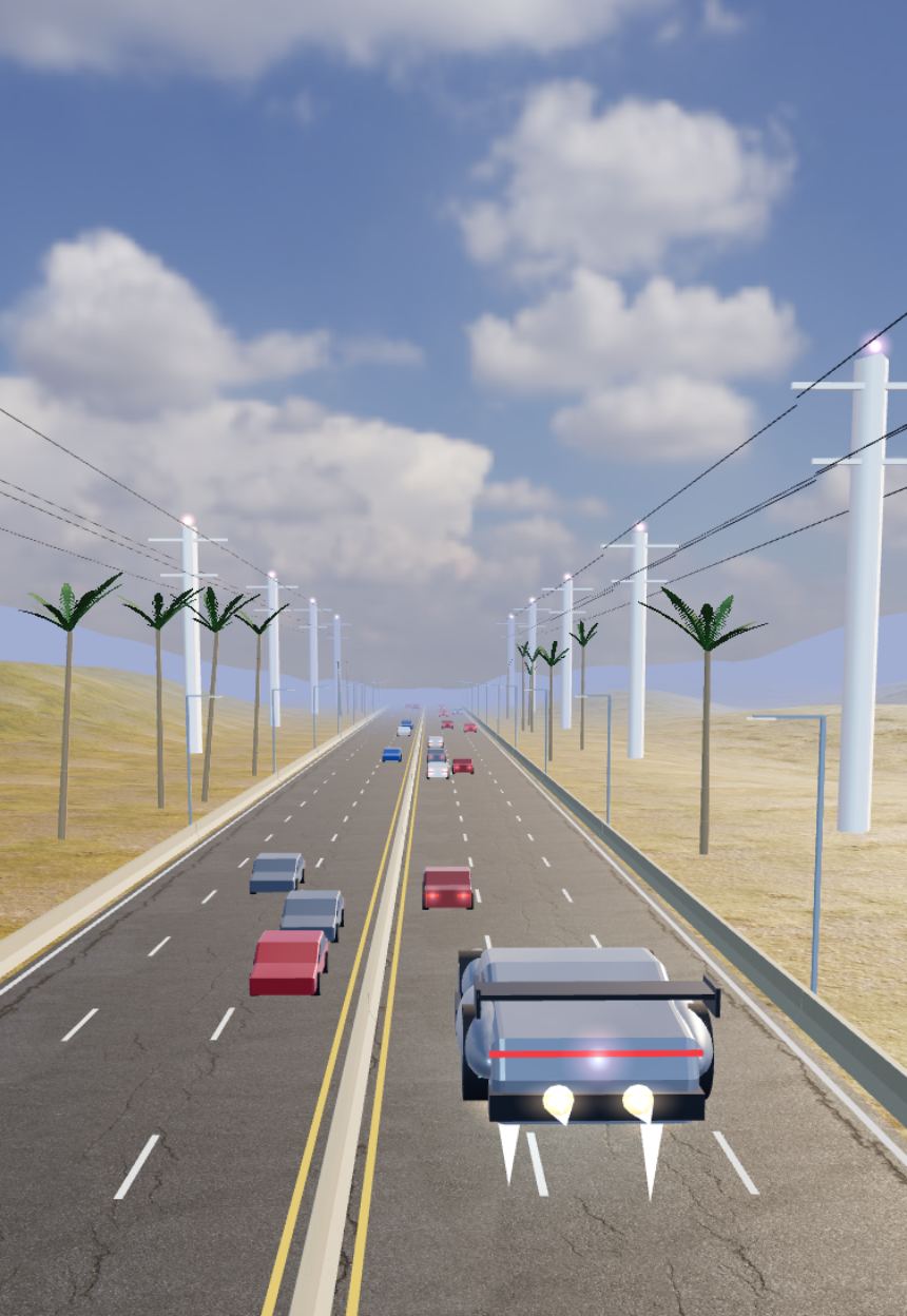 The silver rocket car flying over a sunny freeway lined with palm trees